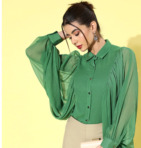 Women Gorgeous Green Solid Batwing Sleeves Shirt Top